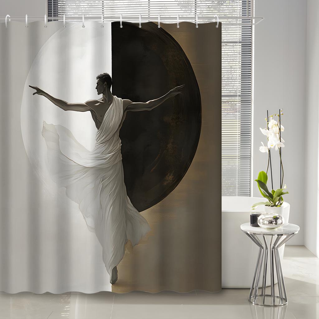 1pc Black and White Half-Round Spliced Zen Yoga Figure Shower Curtain, Decorative Printed Bath Curtain with 12 Hooks, Bathroom