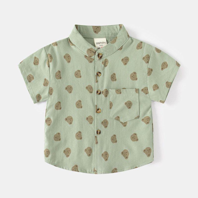 K-style Children's Clothing Kids Stand Collar Short Sleeve Shirt Boys Bear Printed Shirt Summer Baby V Neck Half Sleeve Tops