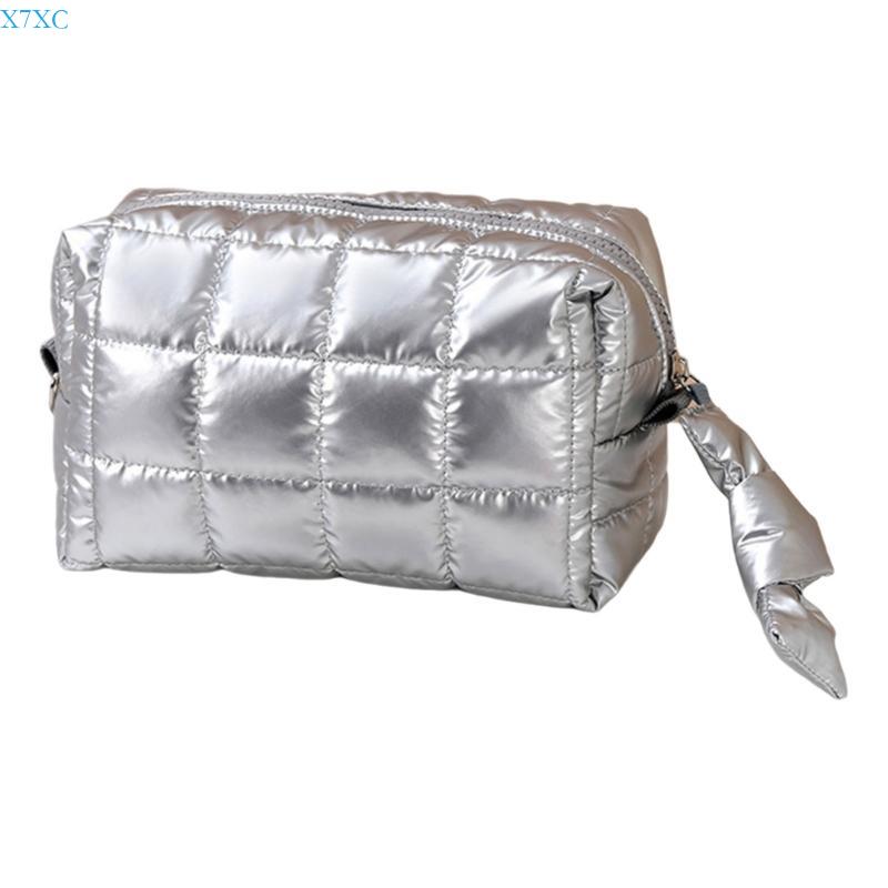 X7XC Elegant Puffer Cosmetic Bag for Women Makeup Bags Suitable for Various Occasions серебряный