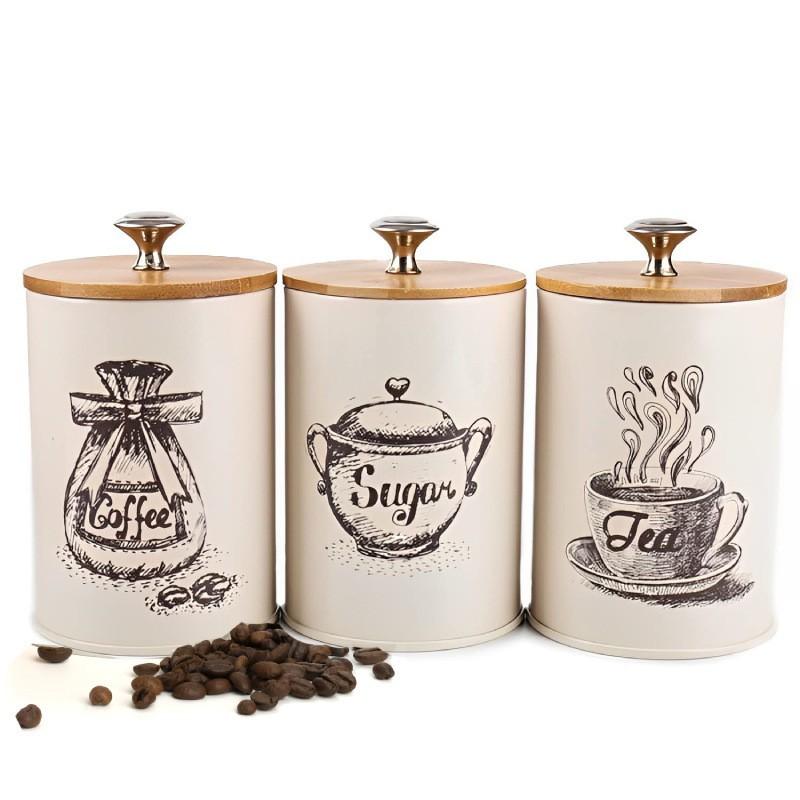 Bamboo Lid Sealed Coffee Sugar Tea Storage Jars Set 3PCS Creative Airtight Kitchen Containers