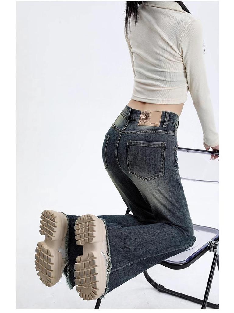 Women's High-Waisted Black Flared Jeans - 2024 Fall/Winter Collection, Slimming, Raw Hem, Floor-Length, Versatile Style