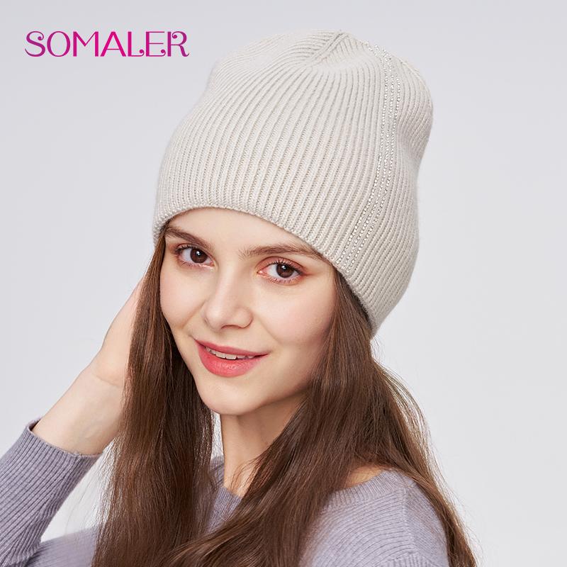 

SOMALER Женская зимняя шерстяная шапка Высококачественная шерстяная вязаная шапка-бини со стразами Толстая теплая двухслойная уличная шапка-бини One Size