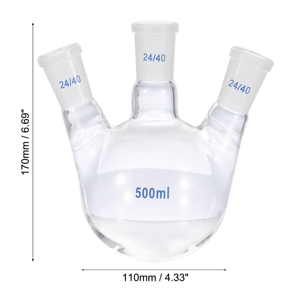 PATIKIL 500ml Boiling Flask, 3.3° Borosilicate Glass, 3-Neck, Round-Bottom, Thick-Walled, 24/40 Standard Tapered Outer Joint, Clear