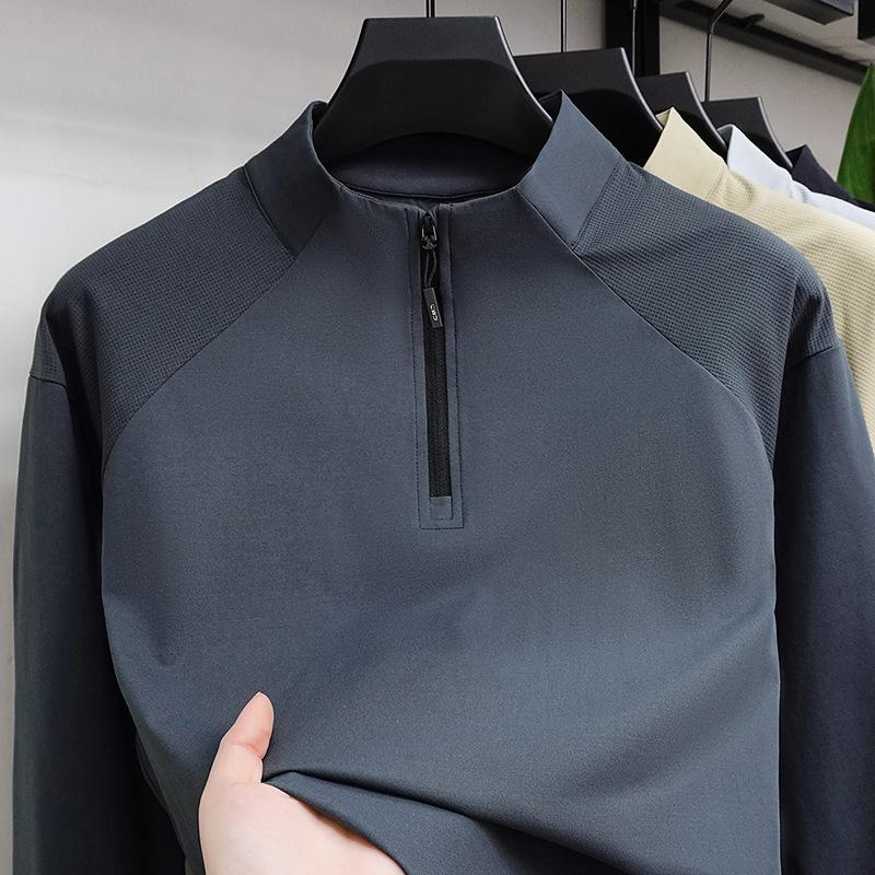 Spring Semi-Zipper Stand-Up Neck Sweater Men'S Long-Sleeved T-Shirt Solid Color Casual Sports Simple Top Men