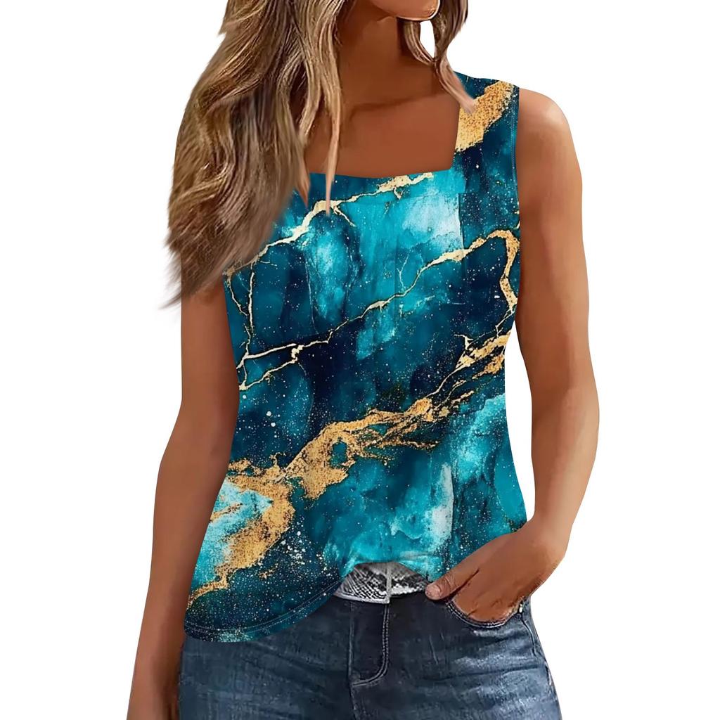 Ärmelloses Tanktop mit plissiertem, quadratischem Ausschnitt und Pflanzendruck für Damen