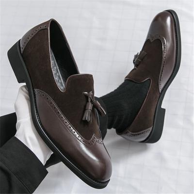Designer New Men's Pointed Suede Leather Mixed Patchwork Wedding Dress Brogues Shoes Male Tassels Loafers Zapatos Hombre