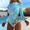 Women Long Sleeve One Piece Swimsuit Zip Front Ink and Wash Flowers Print Rash Guard Surfing Bathing Suit