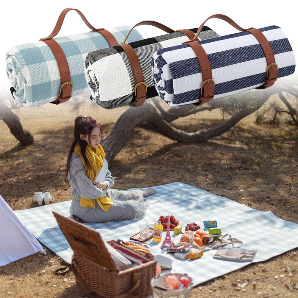 Foldable Travel Picnic Mat Thick Leather Strap Picnic Blanket Portable Moisture Proof Mat
