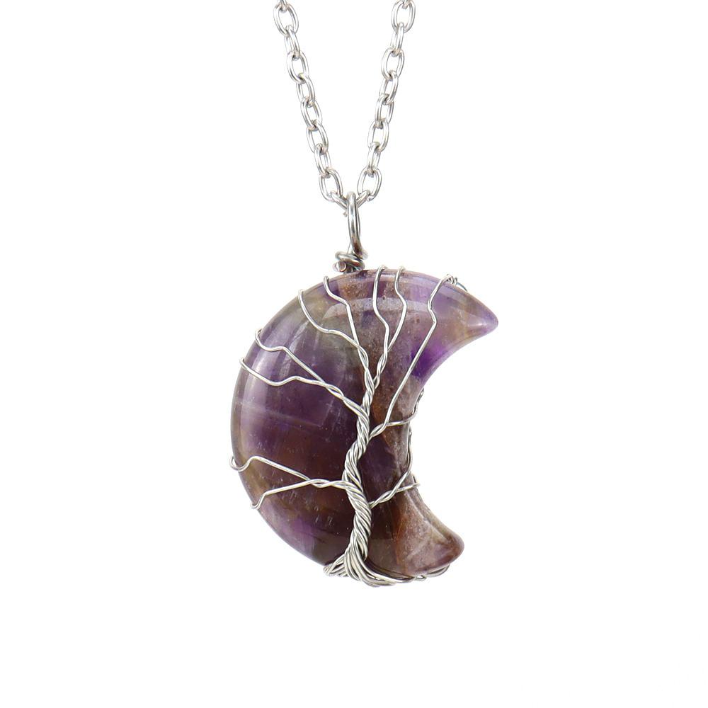 Natural Stone Amethyst Moon Tree Of Life Pendant Necklace, Wound And Wound Handmade Fortune Tree Crystal Necklace N571