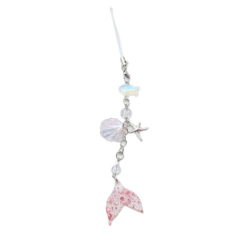 Shell Fish Tail/Bass/Heart Needle Keyring Phone Charm Detachable Phone Lanyard Beaded Keychain Jewelry for Wallet