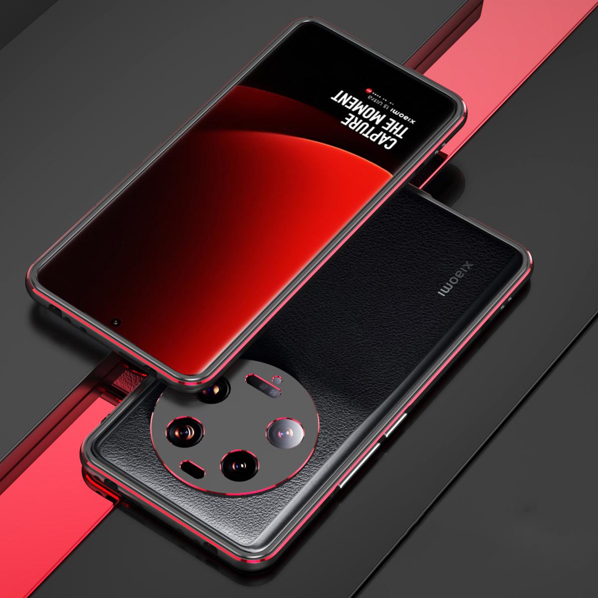 

For Xiaomi 13 Ultra Anti-Scratch Phone Case PU Leather+Metal Frame Slim Shell with Camera Lens Cover Black+Red