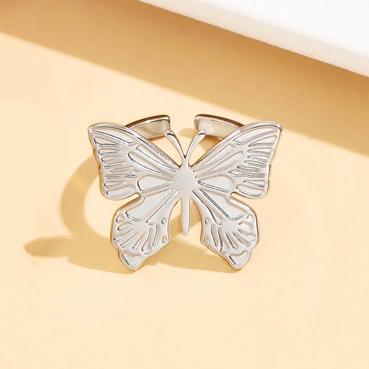 Elegant 18K Gold Butterfly Open Ring - Stainless Steel with Old Money Style
