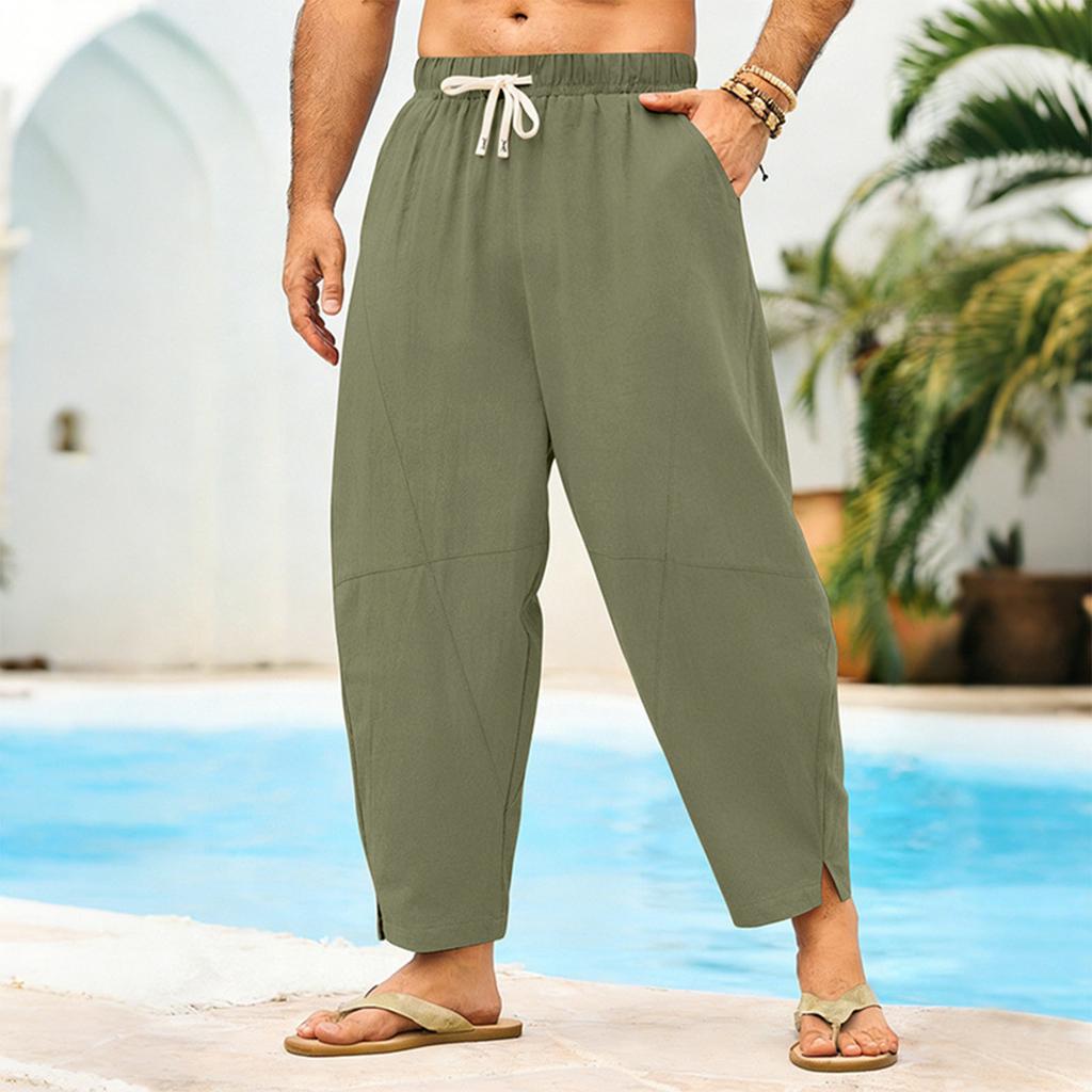Men Casual Loose Fit Drawstring Waistband Lightweight Breathable Cotton Linen Blend Jogger Pants with Side Pockets and Ankle Slits