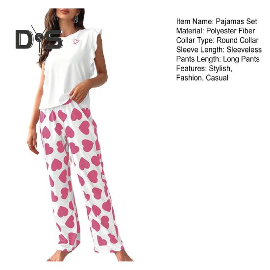 Dámská saténová pyžamová souprava s volánkovým lemem, tílko a kalhoty se širokými nohavicemi, ležérní dvoudílný domácí oděv, souprava na lenošení