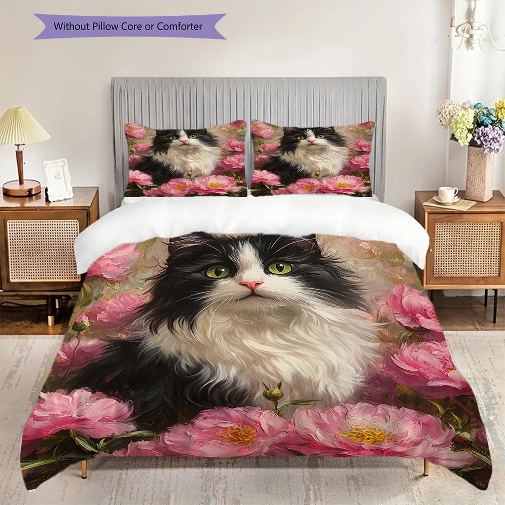 White Cat Pattern Bedding Quilt Set Quilt Cover Pillowcase Home Decoration Birthday Gift (1 * duvet cover + 2 * pillowcase, without core)