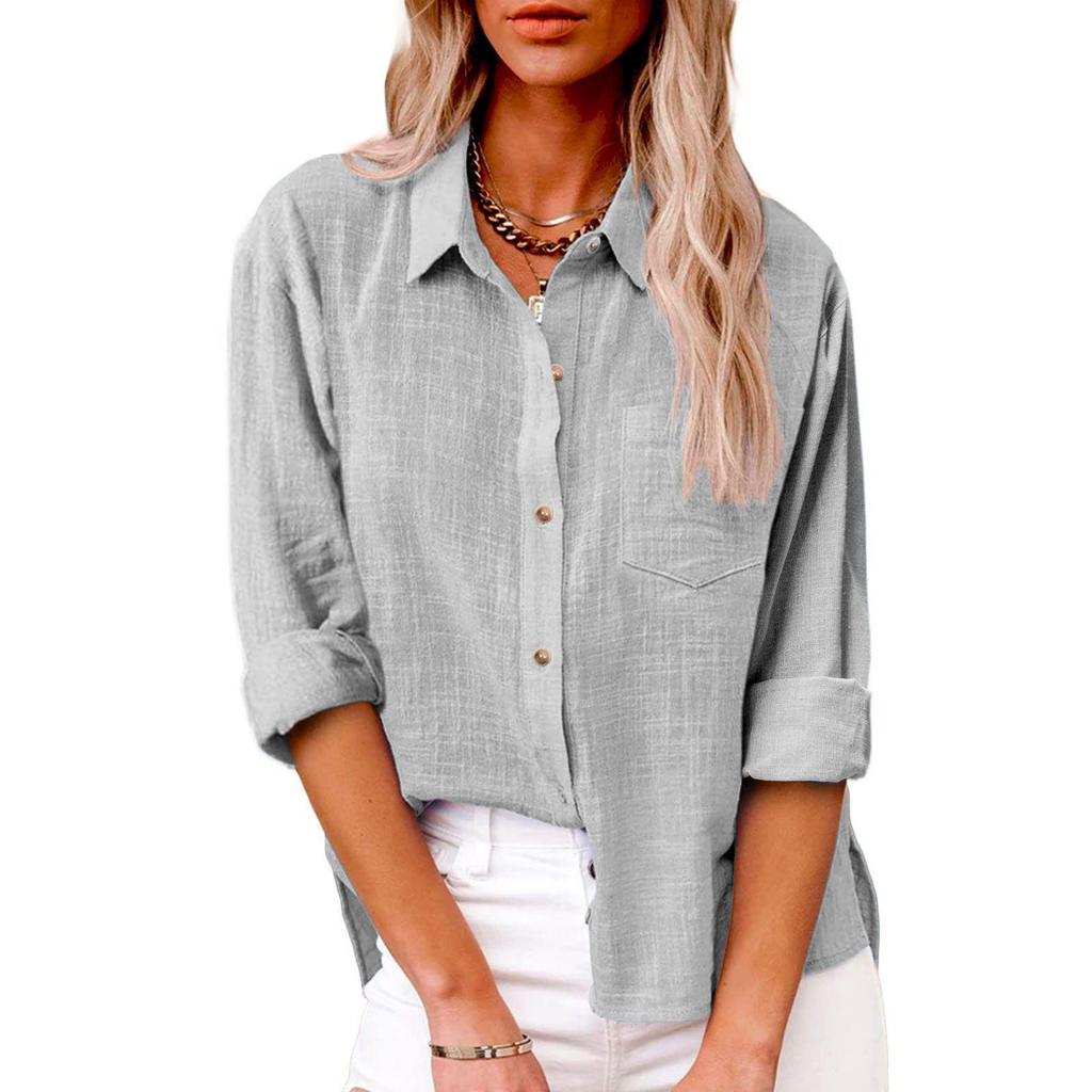 Autumn 2025 Women's Loose Fit Button-Up Cotton Linen Long Sleeve Top with Plain Color and Lapel