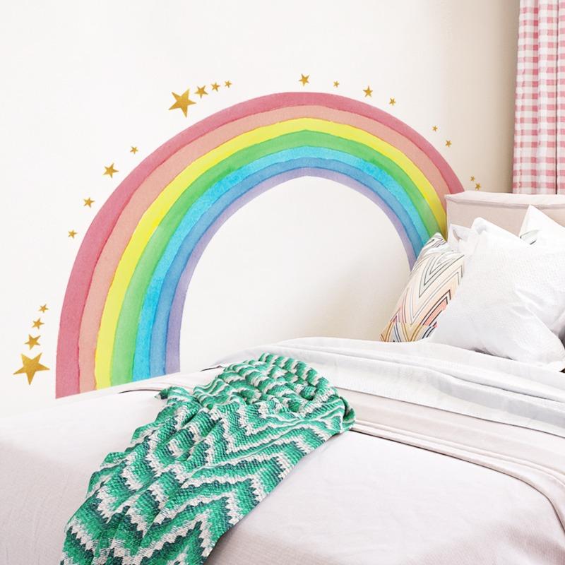 Large Rainbow Wall Stickers For Kids Room Decoration Wallpaper Giant Rainbow Stars Decals Murals Nursery Stikers