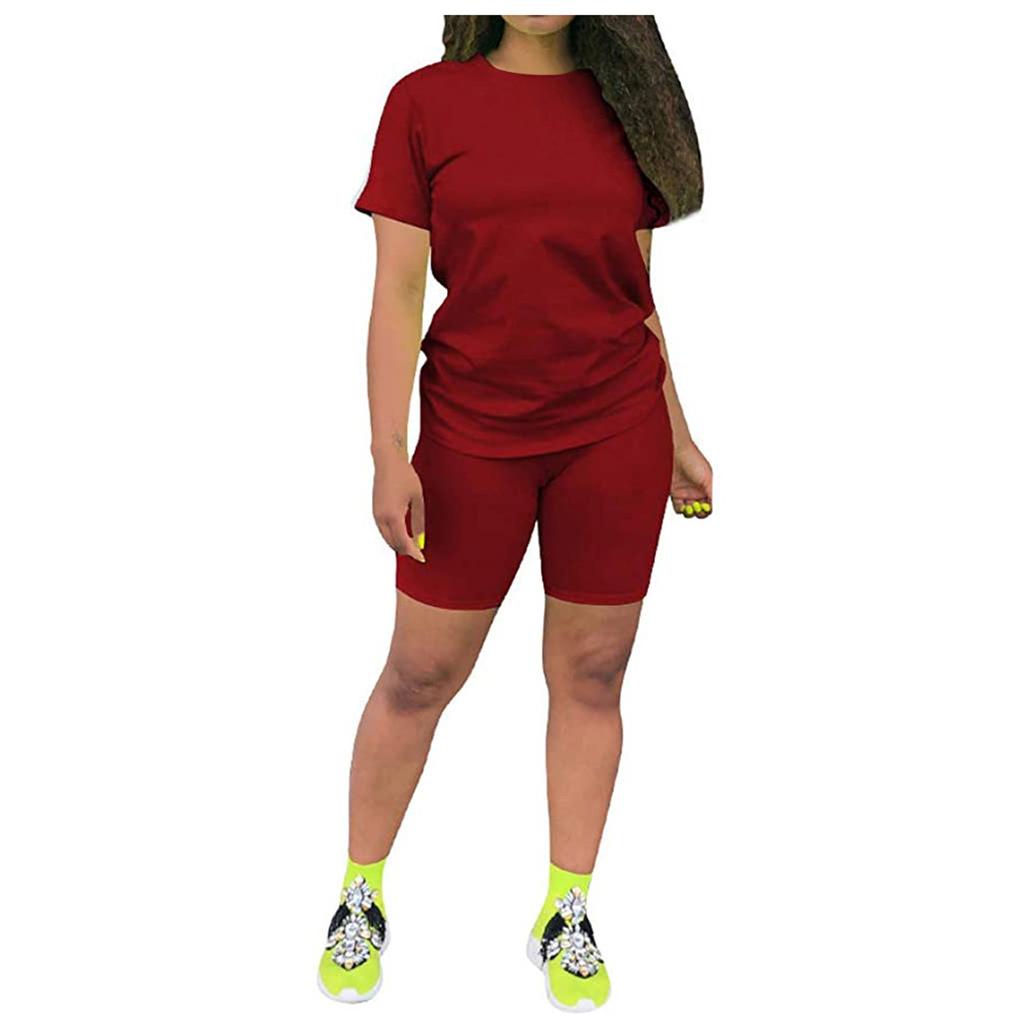Women's 2 Piece Casual Sports Solid Color Suit Short Sleeve Top And Pants Set