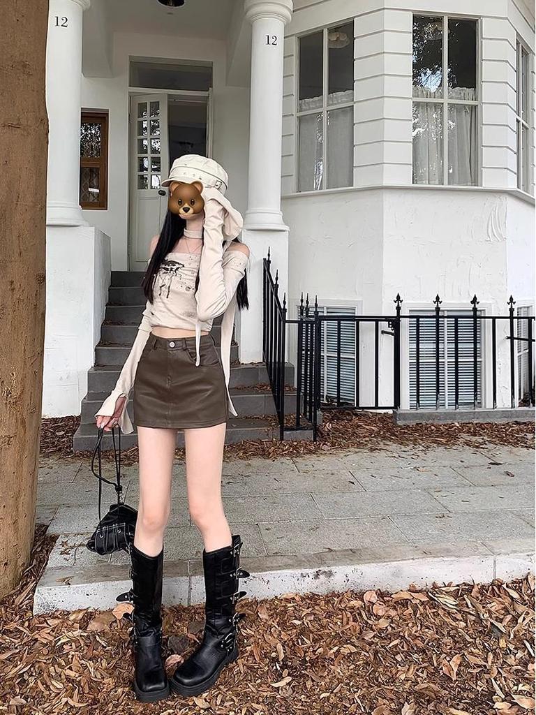 Summer 2025 Petite High Waist A-Line Brown PU Leather Skirt for Women