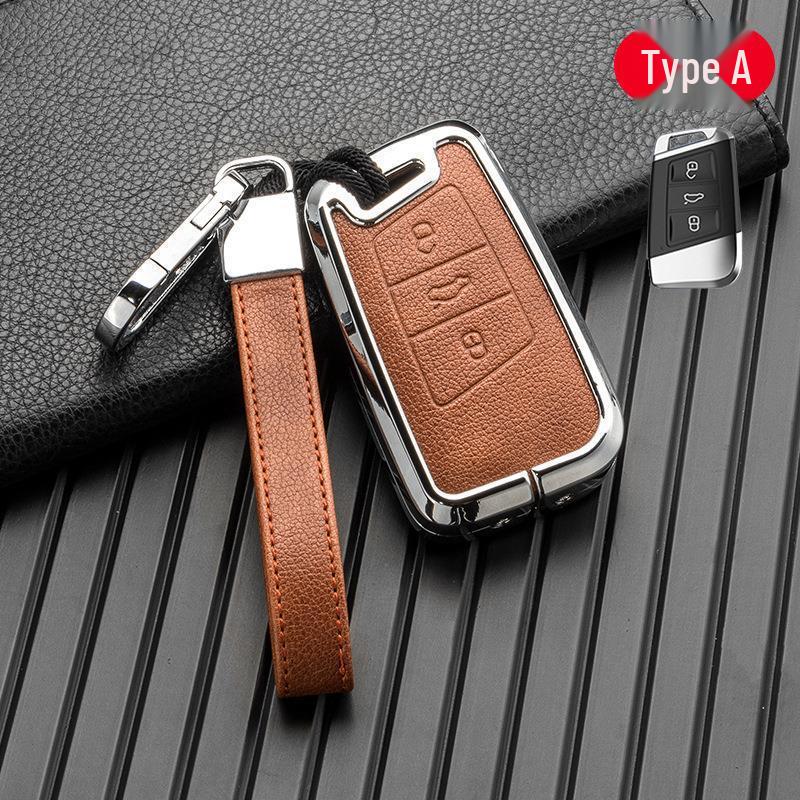 Volkswagen/Skoda Double-Sided Leather Zinc Alloy Car Key Case - Non-Signal Blocking, Full-Wrap Design