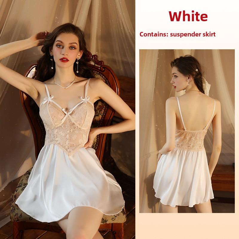 Sexy Deep V Lace Satin See-through Suspender Skirt Nightdress Women's Loungewear