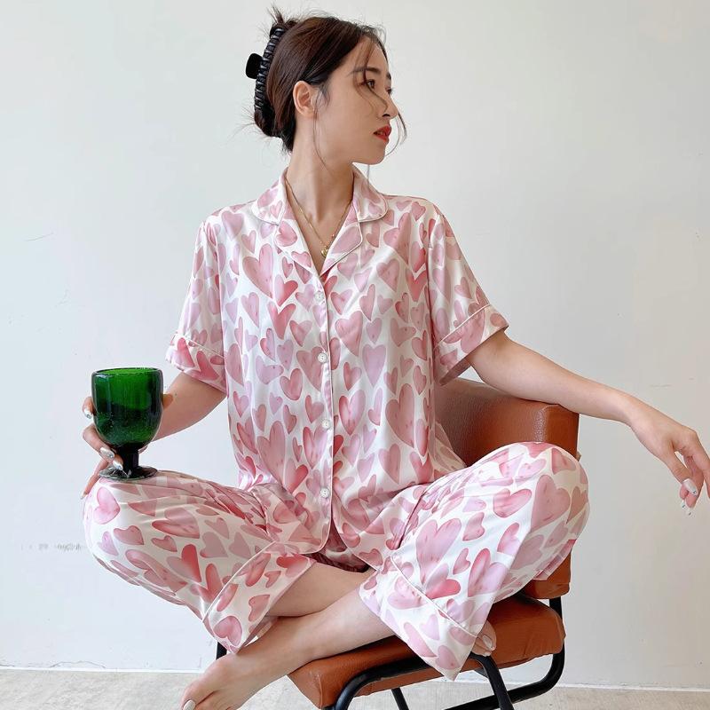Light Luxury Summer Popular Ice Silk Thin Short-Sleeved Trousers Floral High-End Loungewear Set