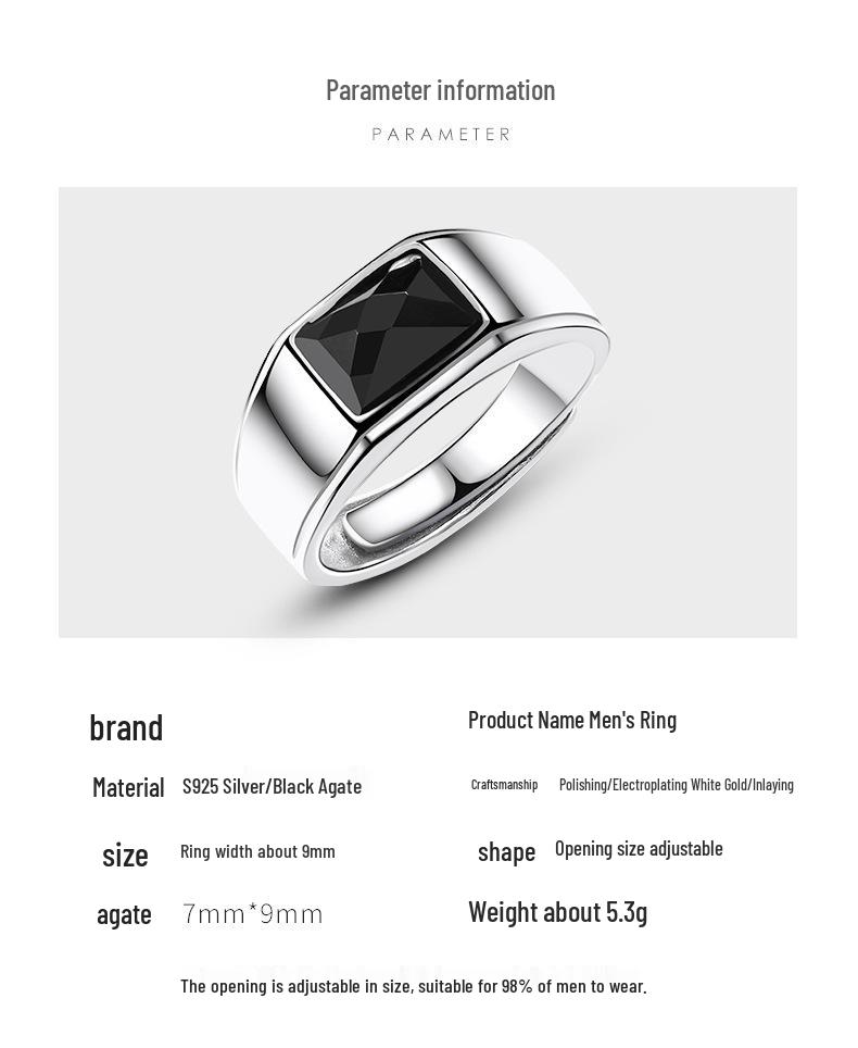 925 Sterling Silver Men's & Women's Open Ring with Black Agate - Elegant and Unique Design