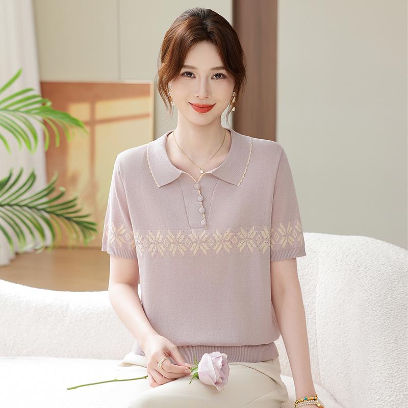 Mom's Stylish Ice Silk Lapel T-shirt - Summer Short-Sleeve, 50s/60s Retro Style for Middle-Aged Women (2026)