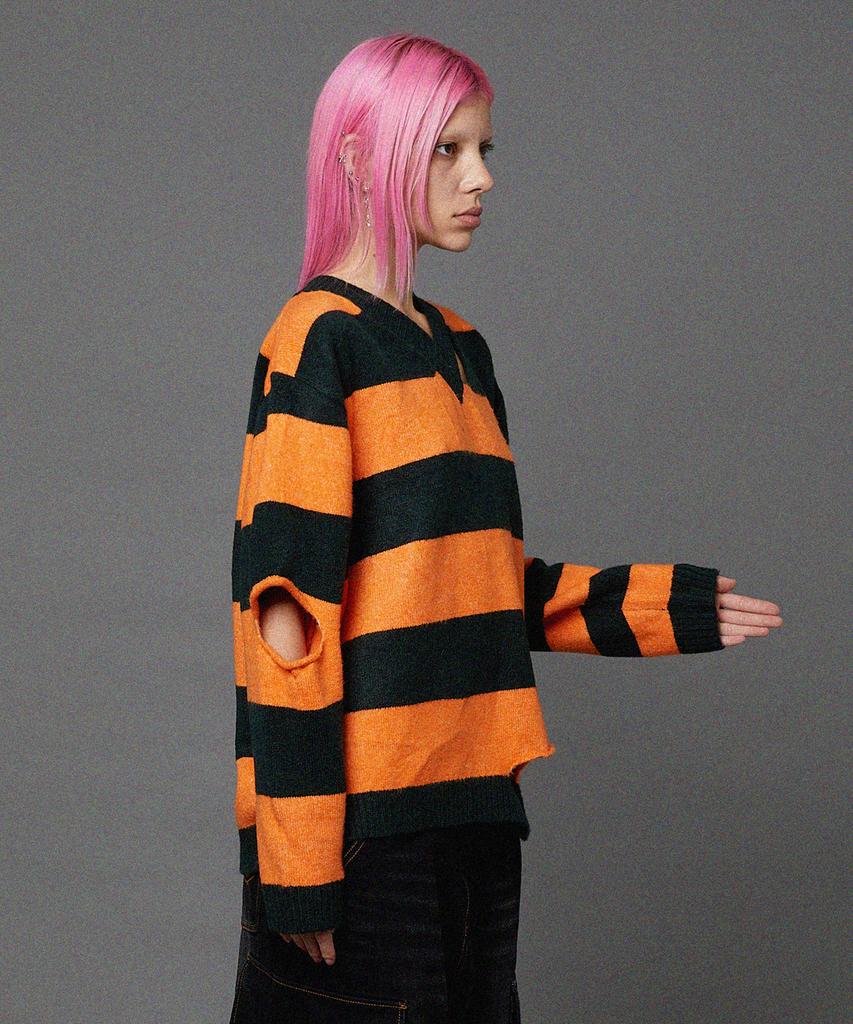 HOODHOOD Striped Cutout V-Neck Knit Orange