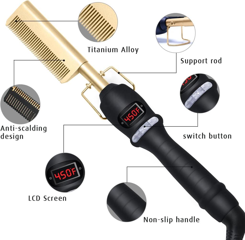 Heat Pressing Combs Portable Ceramic Curling Iron Hot Comb Hair Straightener for Hair Beard Wigs Wet and Dry Hair Styling Tools