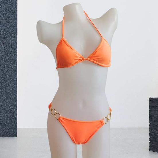 Set Bikini Arancione, Scollo all'americana, Decorazione in Metallo sull'addome, Tessuto Elastico Asciugatura Rapida Costume da Bagno Spezzato