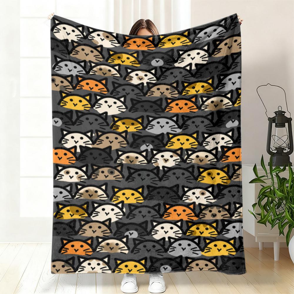 Cartoon Grid Collage Cat Portrait Throw Blanket,Bedroom Daily Relax Birthday Anniversary Pet Household Blessing Token
