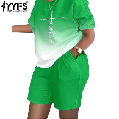 Moda Donna Casual Estate Primavera Stampa Blocco Colore Manica Corta Girocollo Pantaloni Completi Pantaloni