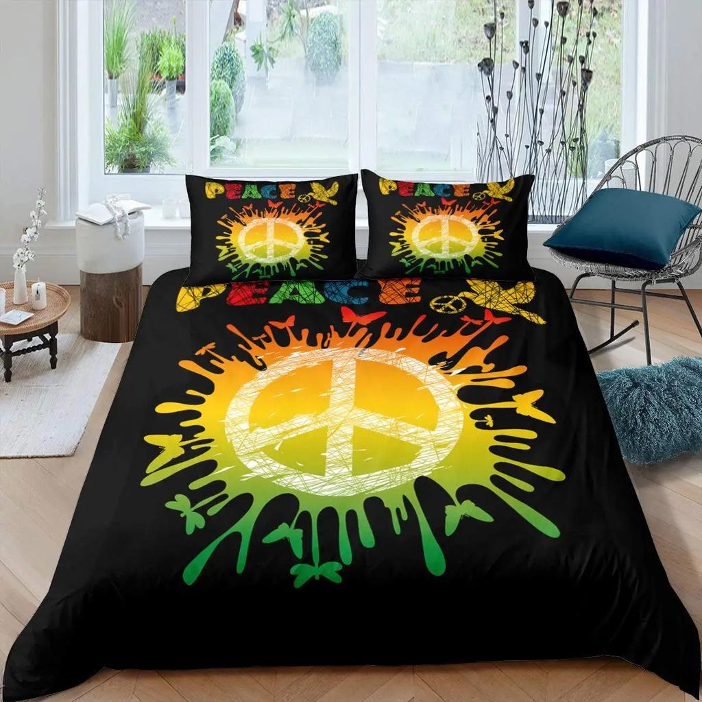 Boho Hippie Psychedelic Flowers Duvet Cover Colorful Peace Sign Bedding for Boys Girls Women Bedroom Decorative Rainbow Tie Dye