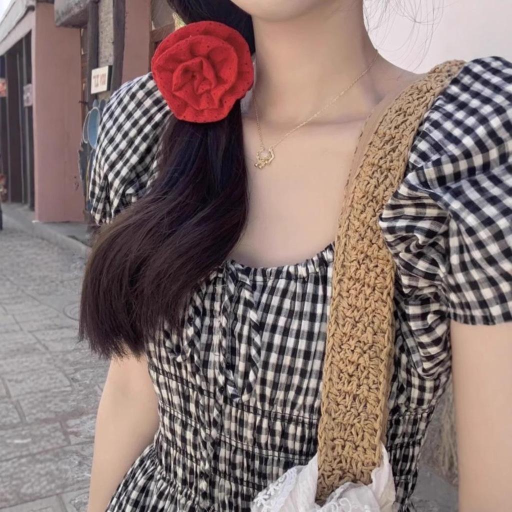 Übergröße Altersdefying Karomuster Puffärmel Quadratischer Ausschnitt Sommerkleid mit Taillen-Schlankmachendem Bindegürtel Langrock