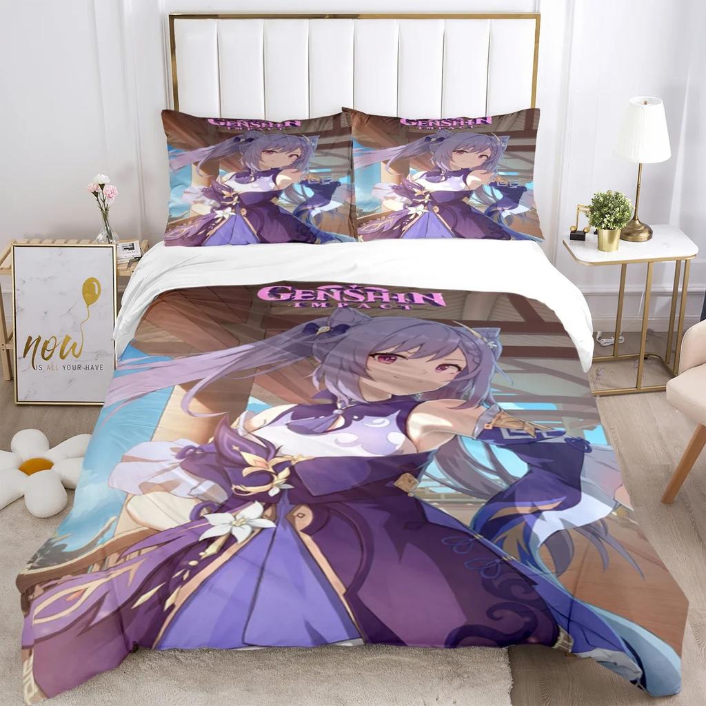 Genshin Impact Print Three Piece Bedding Set Fashion Article Children or Adults for Beds Quilt Covers Pillowcases Bedding Set
