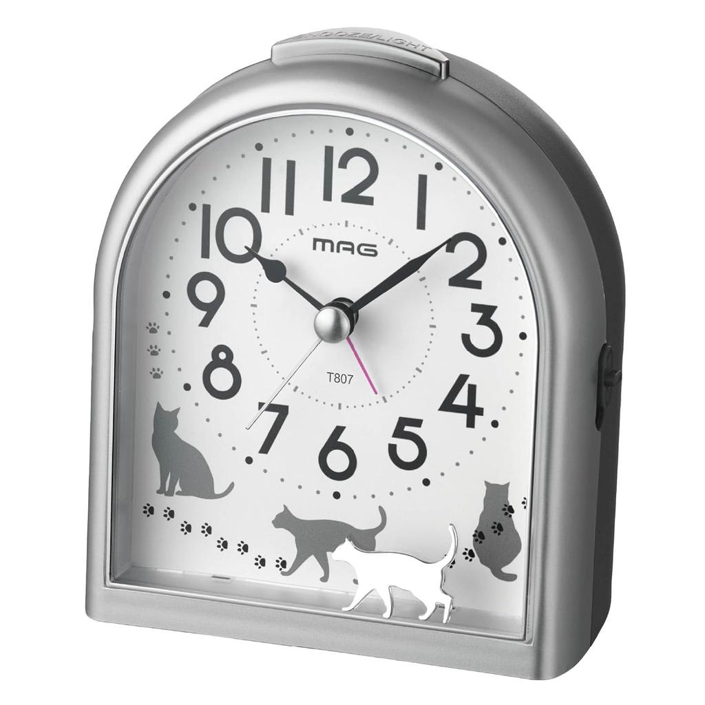 MAG Alarm Clock Table Analog Cat Animal Cute Children Silent Continuous Second Hand Electronic Sound Snooze Light Silver Approximately 12.8 Cm Tall
