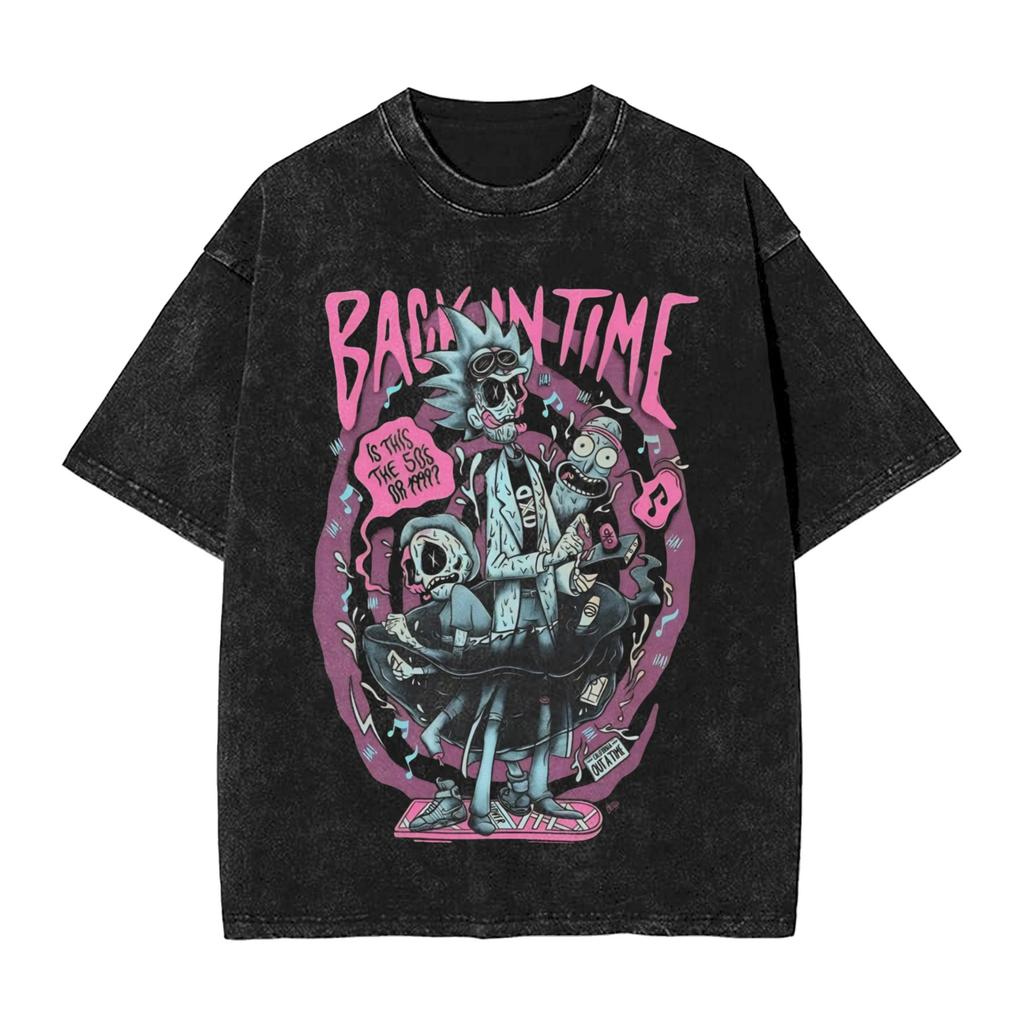 R-Rick and M-Morty Vintage Washed T-Shirt Men Polyester Clothing Kawaii Adventure Crewneck Short Sleeve
