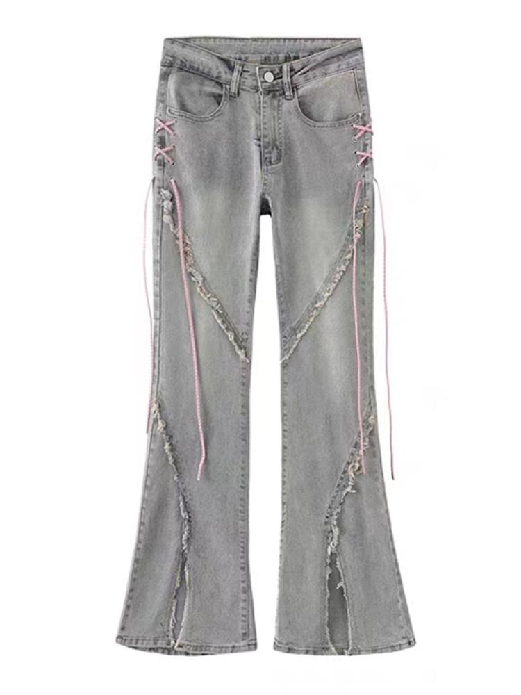 Letní Džínové Vintage Sladké Kalhoty Ženy Slim Šněrovací Korejské Ležérní Zvonové Kalhoty Dámské Japonské Francouzské Elegantní Rozparek Džíny Nové