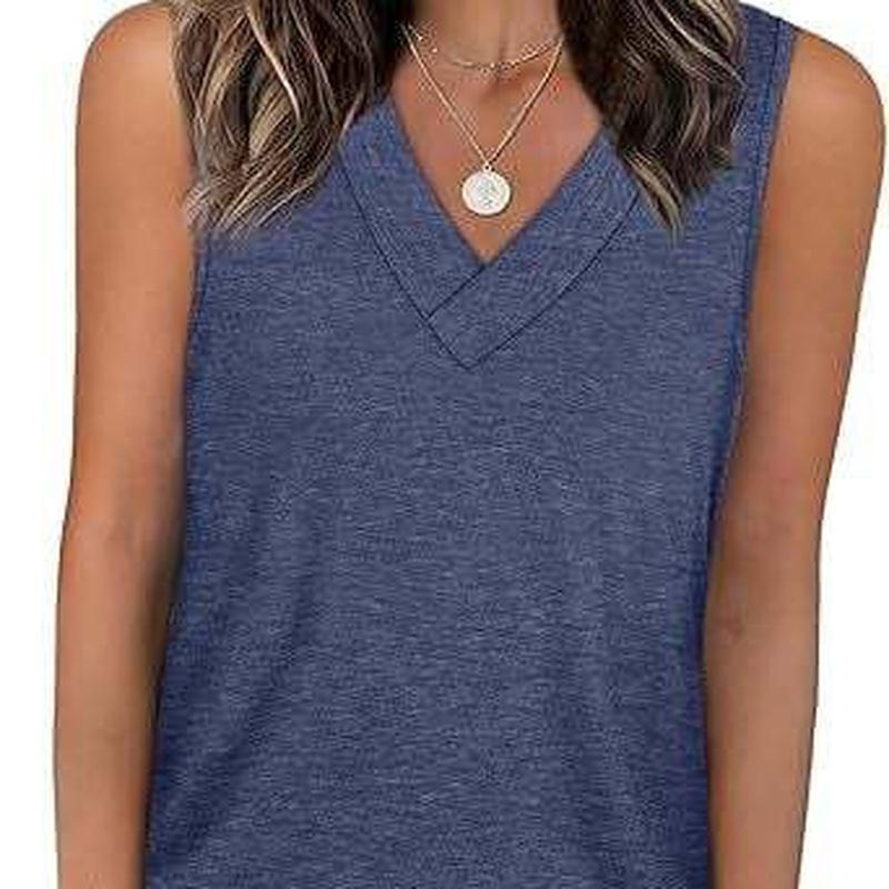 Summer European Style Women V-Neck Casual Loose Fit Solid Color Tank Sleeveless
