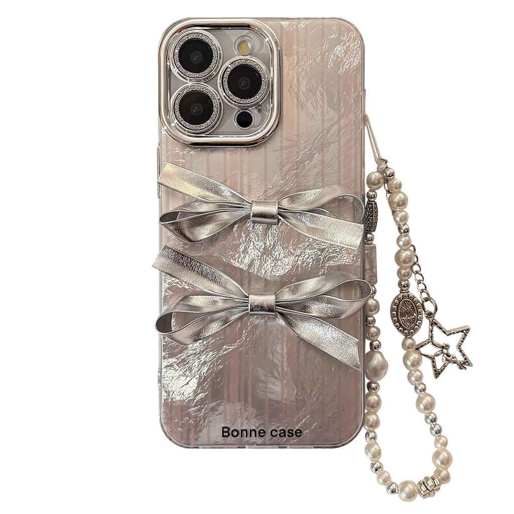 Three Dimensional Silver Bow Mobile Phone Case Suitable for 16 Apple 17promax Light Luxury Iphone14 Hanging Chain 13 Full Package