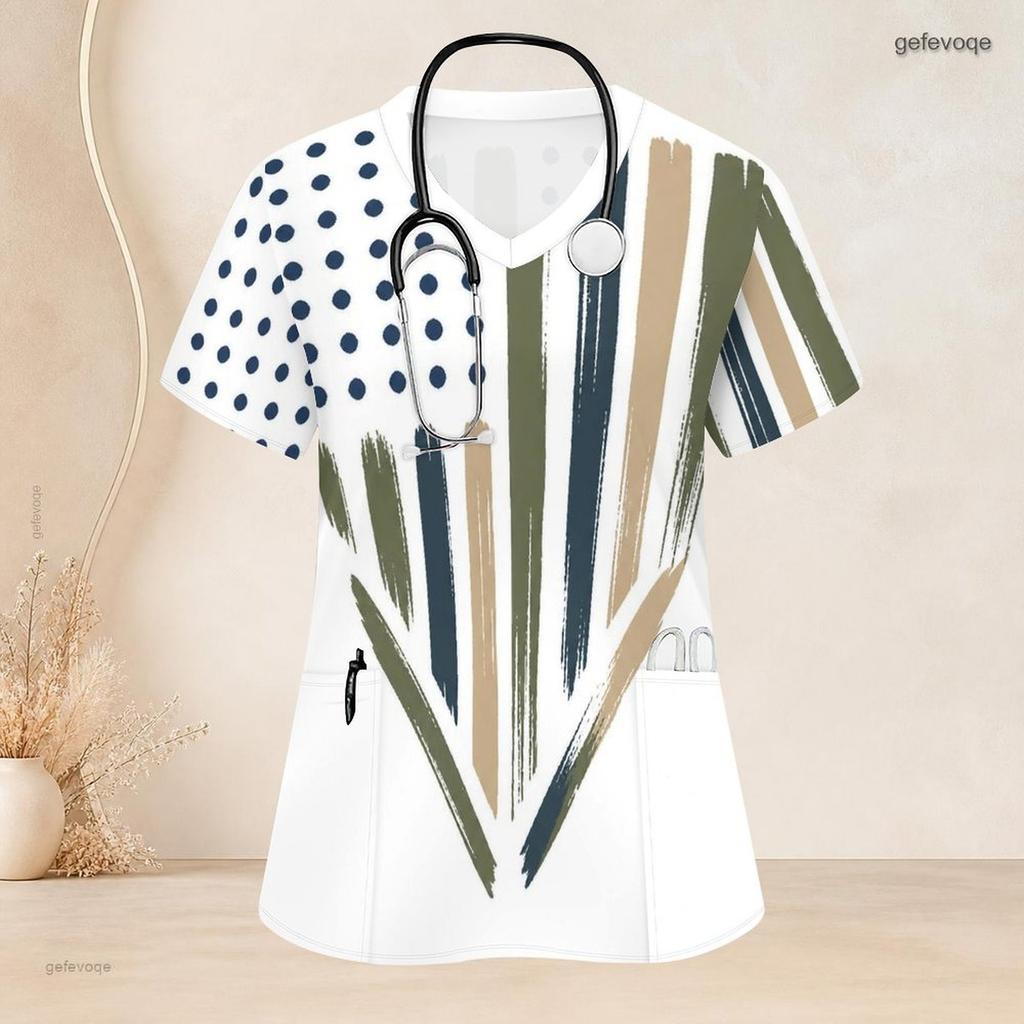 Women Plus Size Printed Nurse Scrub Top V Neck Short Sleeve With Front Pockets