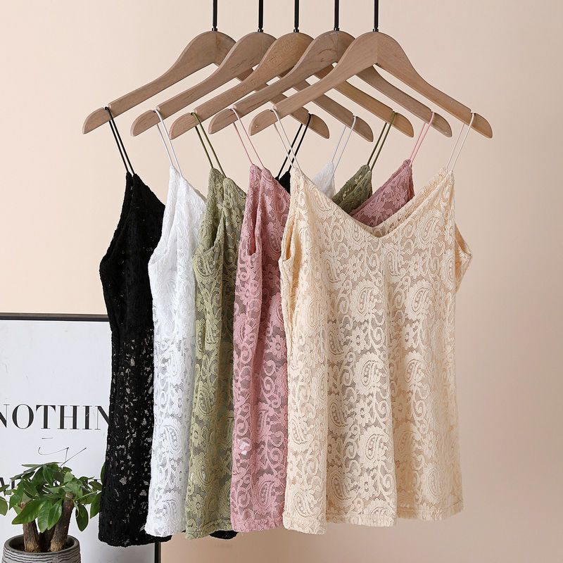 New Slim Fit V-neck Short Vest with Hollowed Out Lace Hook and Loop Suspender Top for Women Wearing Sleeveless Undershirt