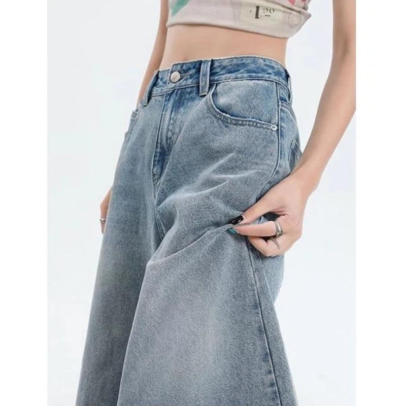 Women High Waist Wide Leg Denim Culottes Casual Light Blue Jeans