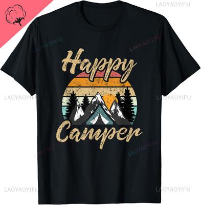 Funny Camping Hiking Lover Present Happy Camper Gift Tshirt Custom Printed Graphic T Shirts Cotton Printed Tshirt