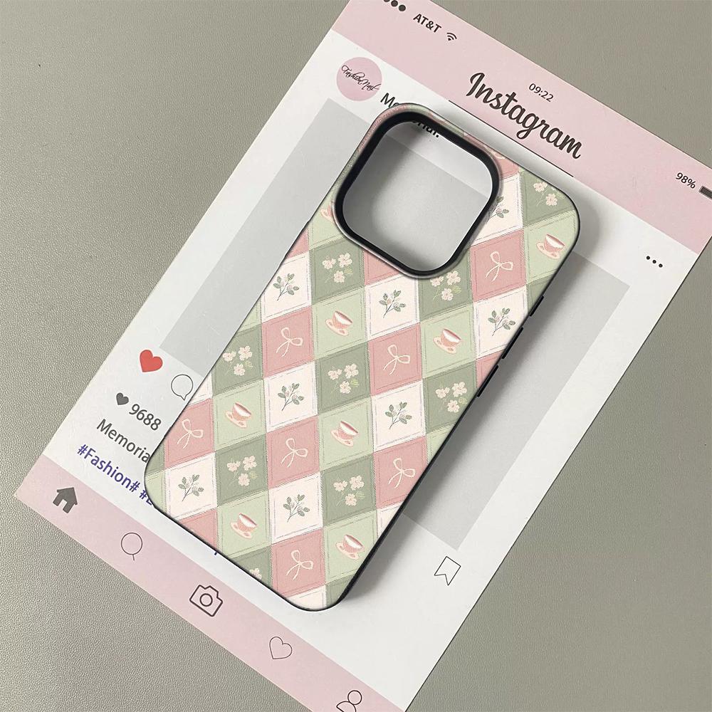 

Pink Green Argyle Tea Cup Bow Lichee leather pattern Phone Case For Samsung A57 A36 A35 A16 A06 A54 A15 A14 A05S A05 4G 5G Samsung A36