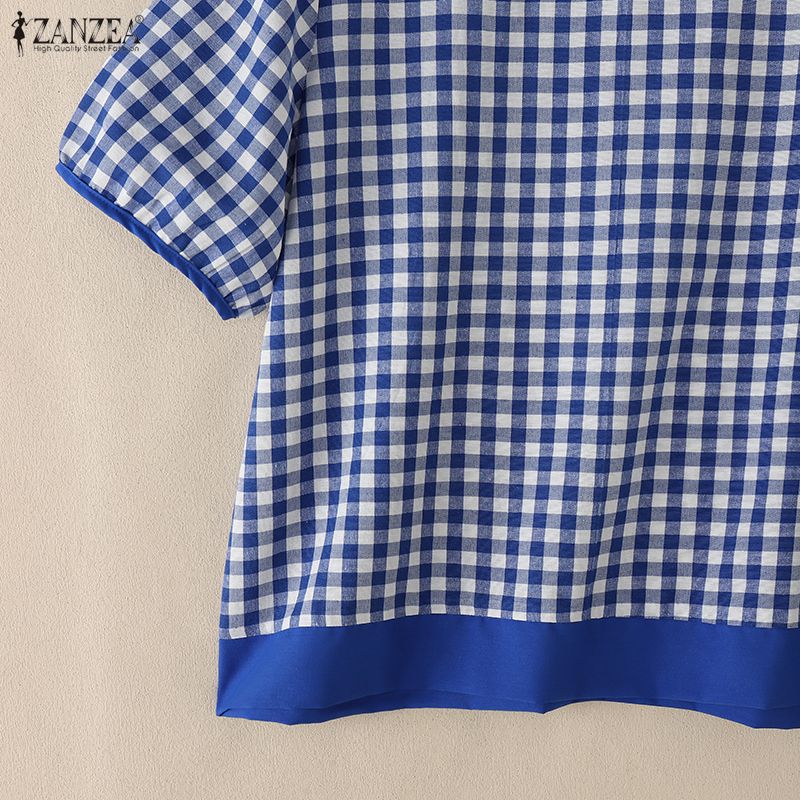 ZANZEA Women Grid Print Casual Round Neck Loose Short Sleeve Blouse