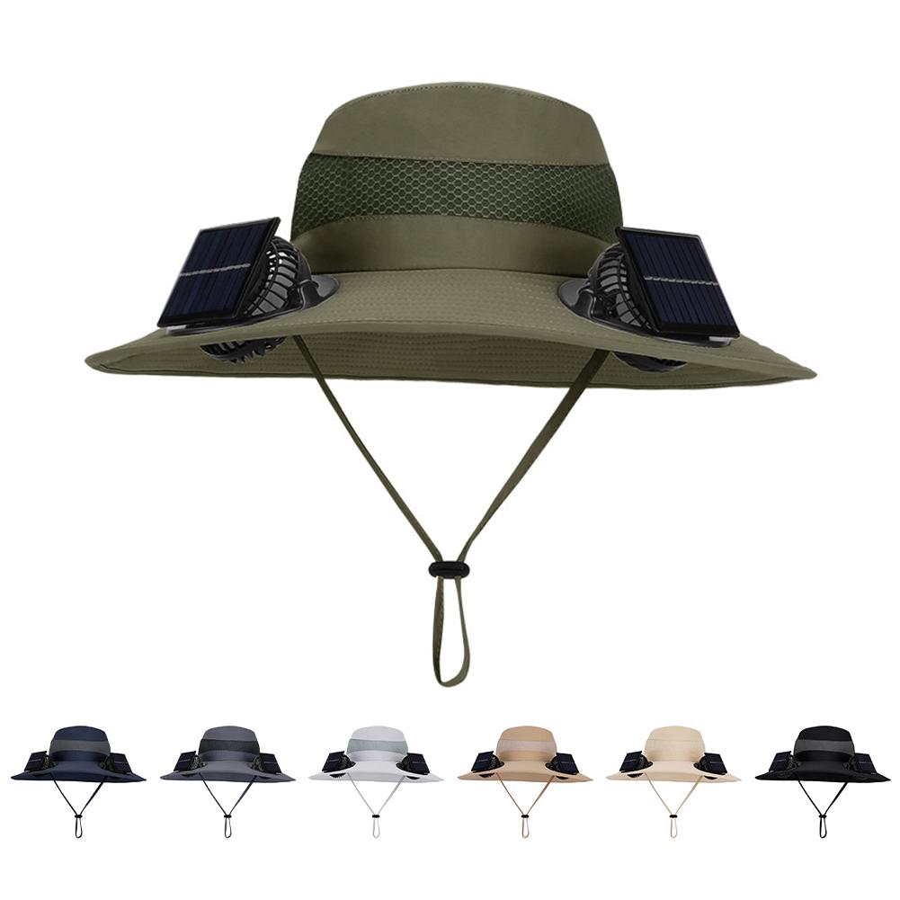 Outdoor Wide Brim Sun Hat with Solar/Charging Fan Outdoor Drawstring Fishing Hat Waterproof for Outdoor Riding Hiking Fishing