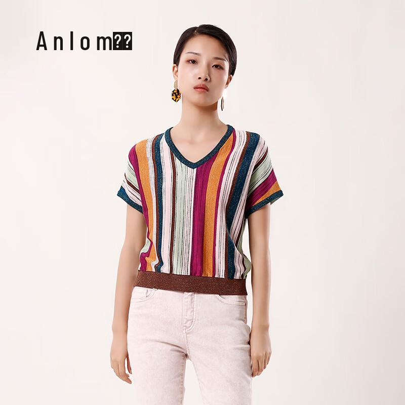 

Женский полосатый трикотажный топ с V-образным вырезом и короткими рукавами от Anlom L
