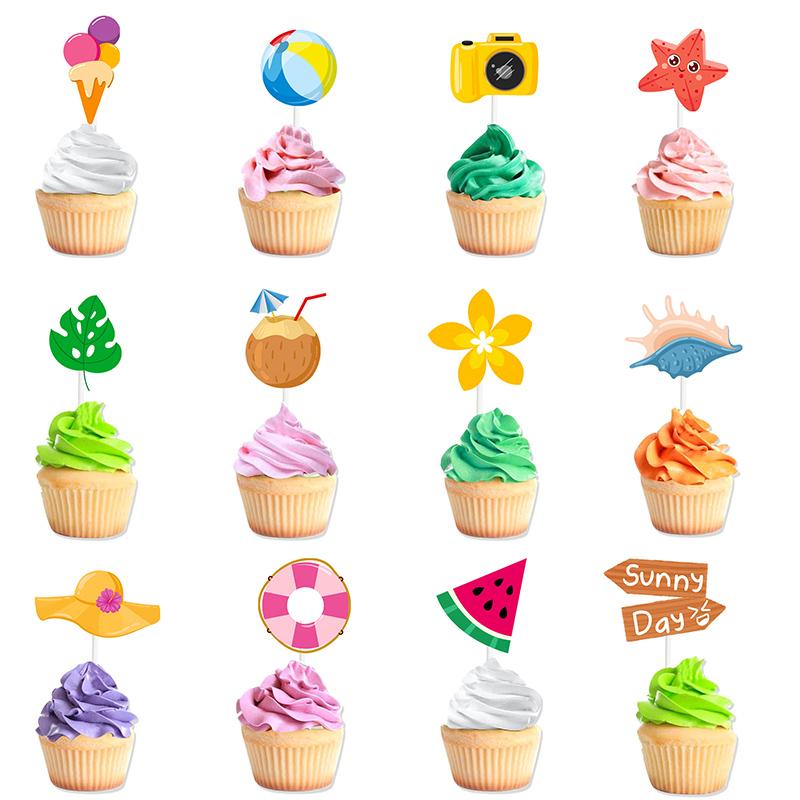 12pcs Summer Beach Hawaii Cupcake Toppers Sun Umbrella ball Cake Toppers  Hawaiian Pool Theme Birthday Party Cake Decorations